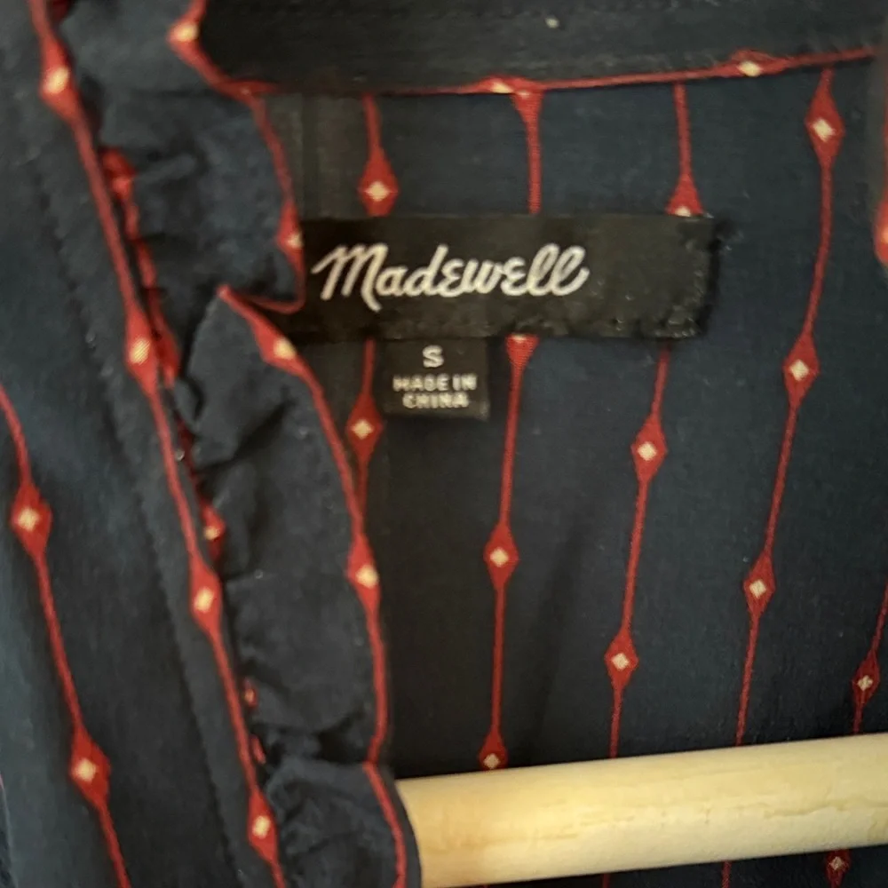 Madewell Navy Blouse with Red Dot Stripes